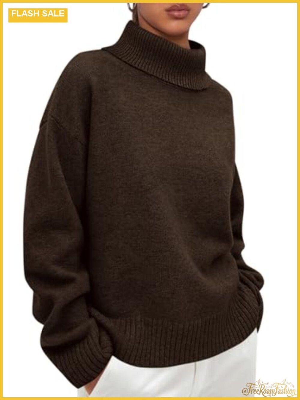Turtleneck Long Sleeve Chunky Knit Pullover Sweater Loose Fit